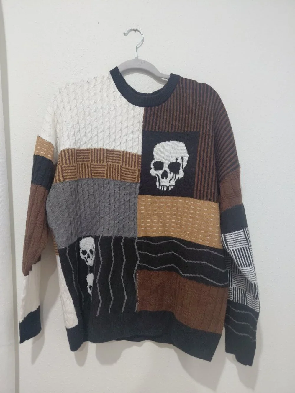 Skull Brown Patchwork Sweater Mens Small Hot Topic Grunge